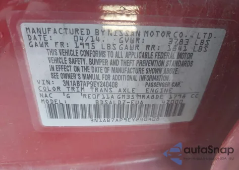 2014 Nissan Sentra Sv z USA, uszkodzony, nr VIN 3N1AB7AP9EY240408